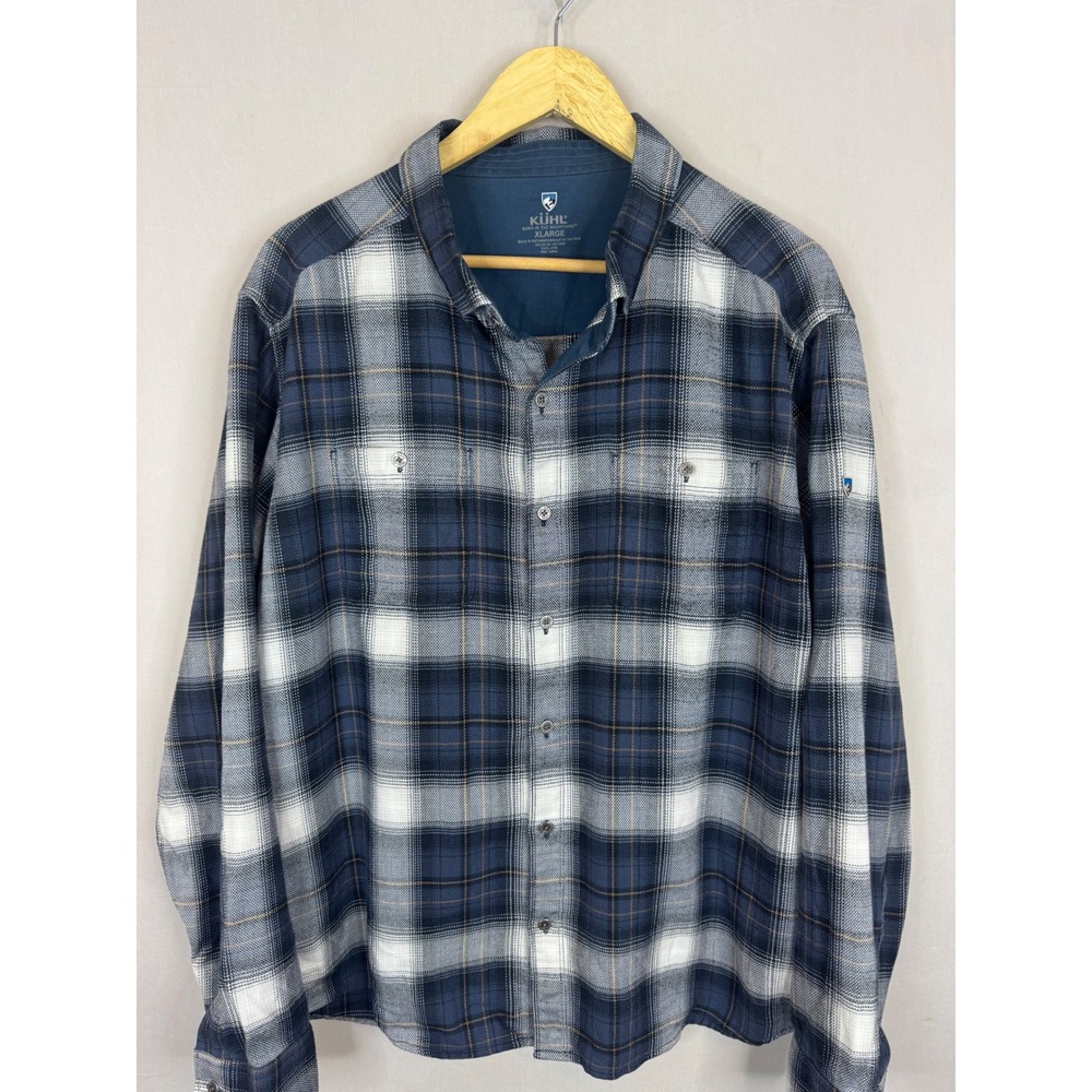 Kuhl Mens XL Blue White Plaid Flannel Long Sleeve Button Down‎ Shirt RN 108846